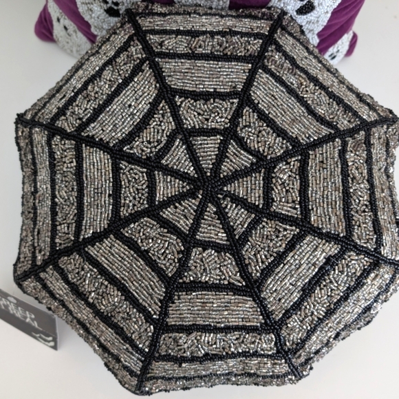 NWT Halloween Beaded Spiderweb Shaped 16" Throw Pillow Silver & Black Spooky - Picture 1 of 14